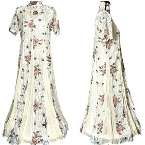 Vintage 80s Starina Cream Floral Lace Layered Boho Maxi Dress Short Sleeve Small